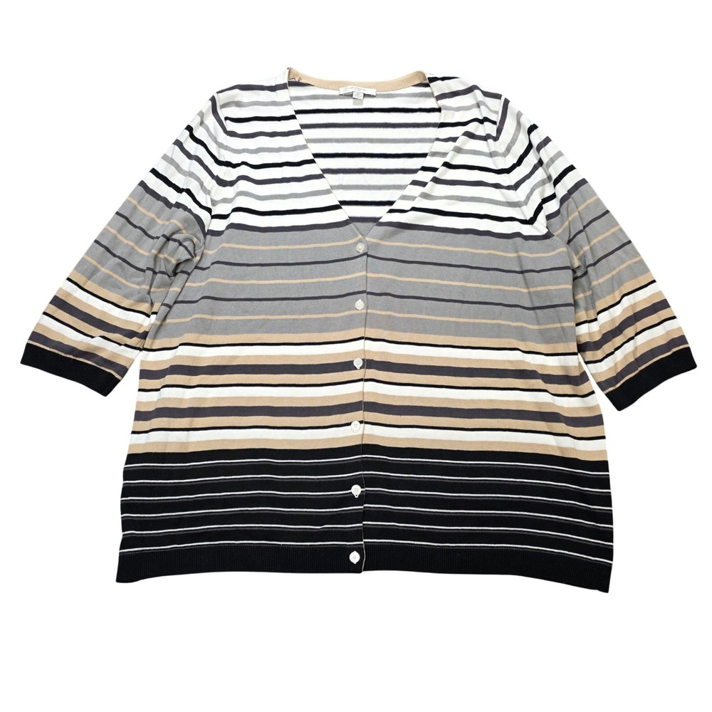 Liz Claiborne New York V-Neck Cardigan Women's Size 3X Striped Cotton 3/4 Sleeve